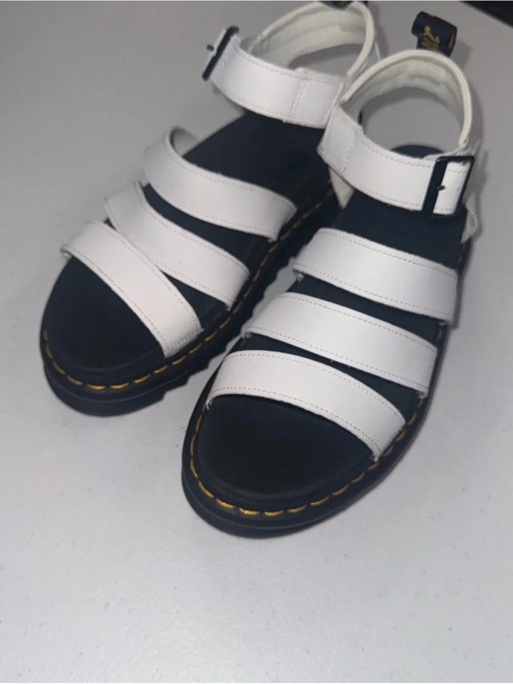 Dr. Martens White Platform Sandals with Yellow Stitching